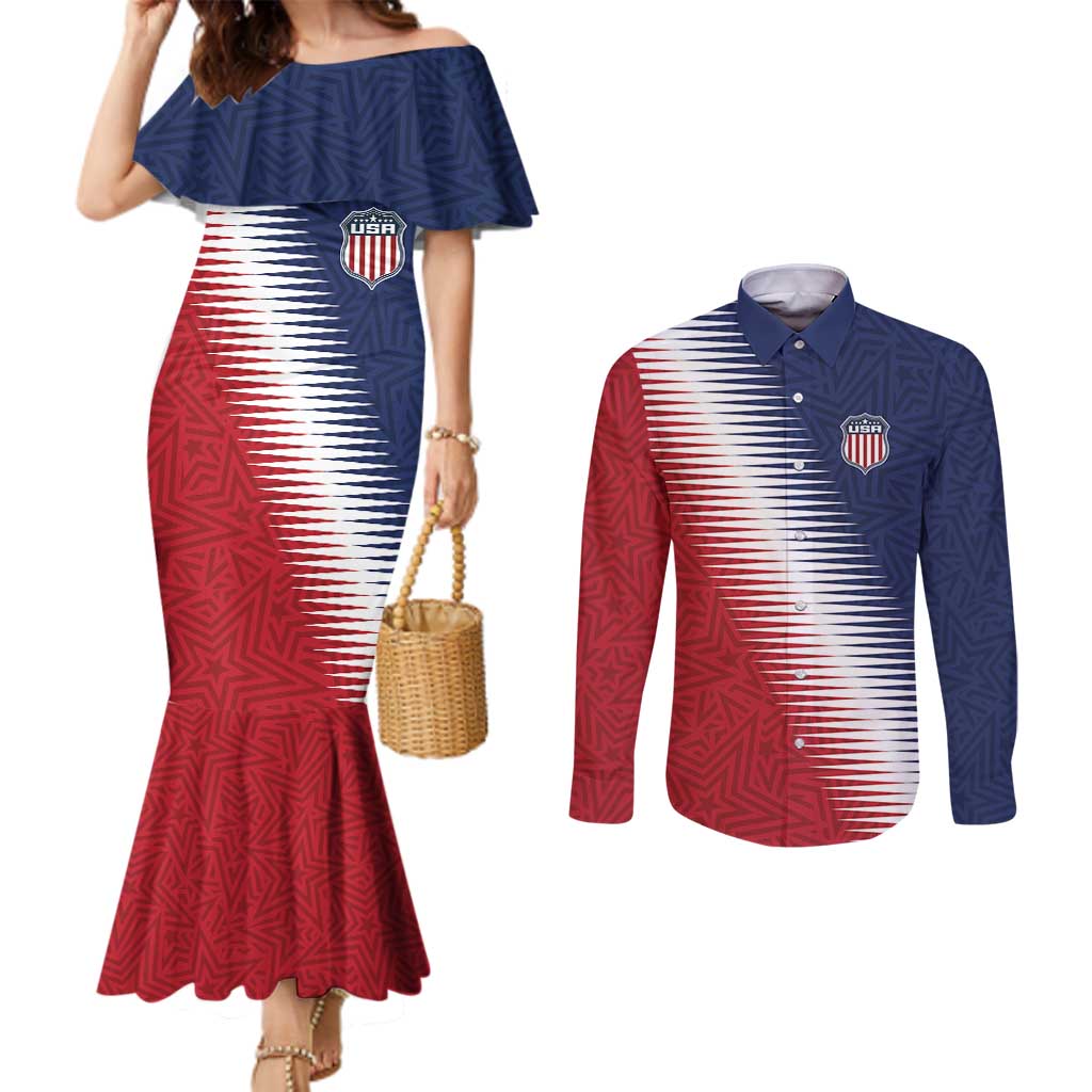 Custom USA Soccer Spirit Couples Matching Mermaid Dress and Long Sleeve Button Shirt Abstract Stars Style - Wonder Print Shop