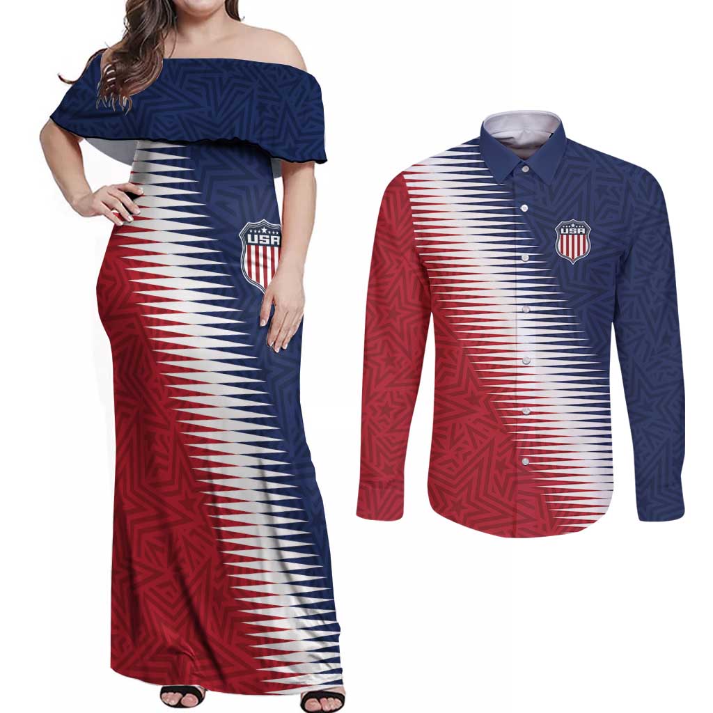 Custom USA Soccer Spirit Couples Matching Off Shoulder Maxi Dress and Long Sleeve Button Shirt Abstract Stars Style - Wonder Print Shop