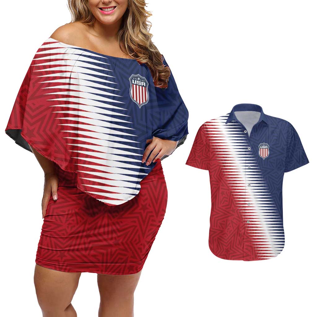 Custom USA Soccer Spirit Couples Matching Off Shoulder Short Dress and Hawaiian Shirt Abstract Stars Style - Wonder Print Shop