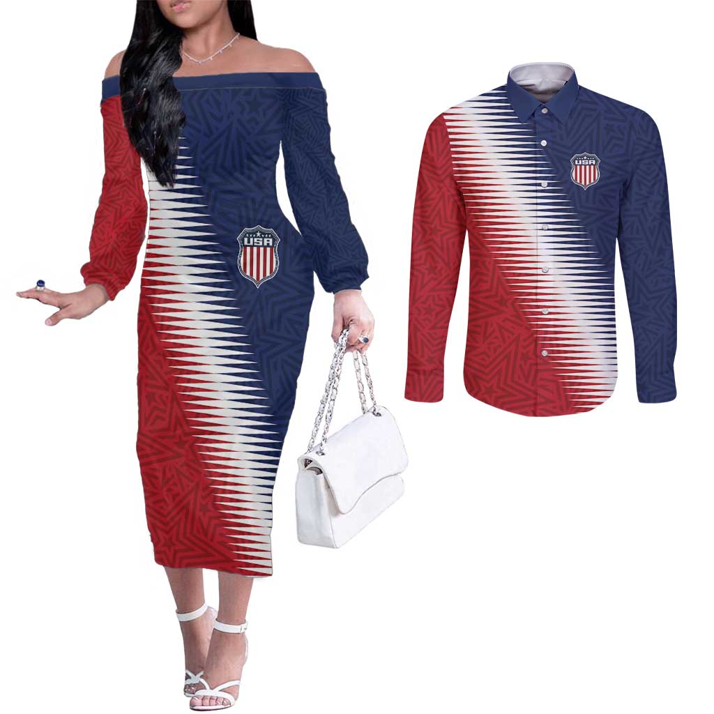 Custom USA Soccer Spirit Couples Matching Off The Shoulder Long Sleeve Dress and Long Sleeve Button Shirt Abstract Stars Style - Wonder Print Shop