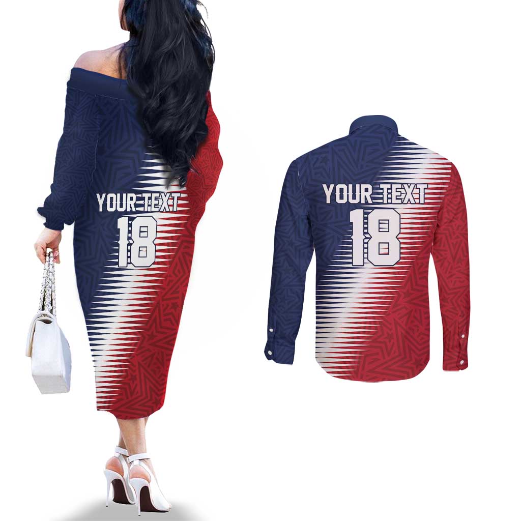 Custom USA Soccer Spirit Couples Matching Off The Shoulder Long Sleeve Dress and Long Sleeve Button Shirt Abstract Stars Style - Wonder Print Shop