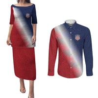 Custom USA Soccer Spirit Couples Matching Puletasi and Long Sleeve Button Shirt Abstract Stars Style - Wonder Print Shop