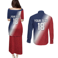 Custom USA Soccer Spirit Couples Matching Puletasi and Long Sleeve Button Shirt Abstract Stars Style - Wonder Print Shop
