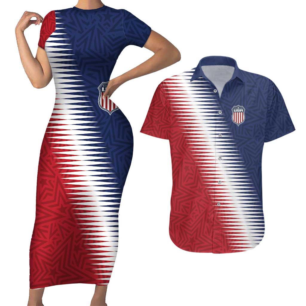 Custom USA Soccer Spirit Couples Matching Short Sleeve Bodycon Dress and Hawaiian Shirt Abstract Stars Style - Wonder Print Shop
