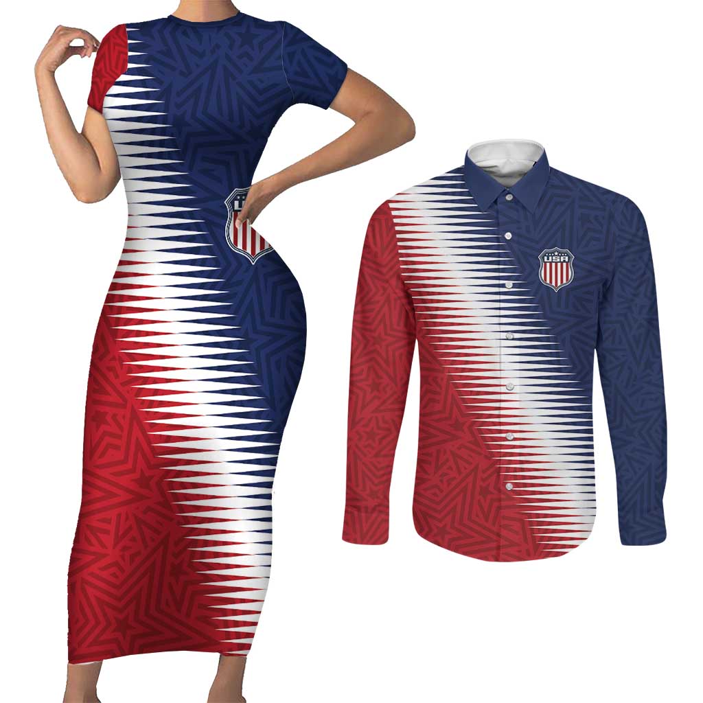 Custom USA Soccer Spirit Couples Matching Short Sleeve Bodycon Dress and Long Sleeve Button Shirt Abstract Stars Style - Wonder Print Shop