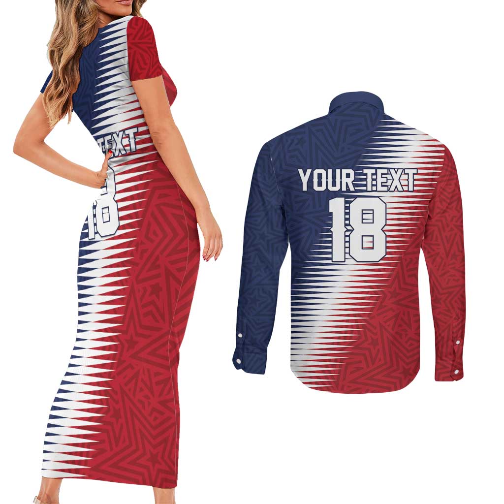 Custom USA Soccer Spirit Couples Matching Short Sleeve Bodycon Dress and Long Sleeve Button Shirt Abstract Stars Style - Wonder Print Shop