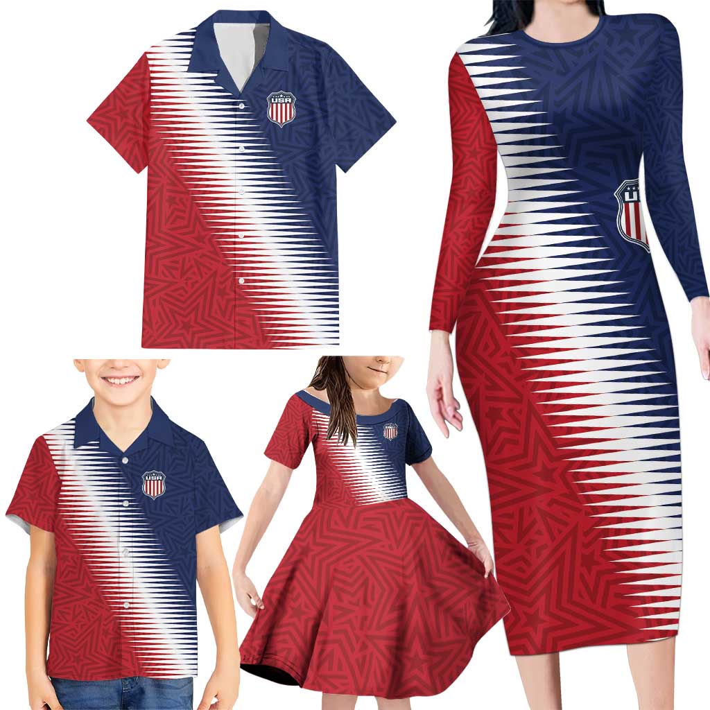 Custom USA Soccer Spirit Family Matching Long Sleeve Bodycon Dress and Hawaiian Shirt Abstract Stars Style - Wonder Print Shop