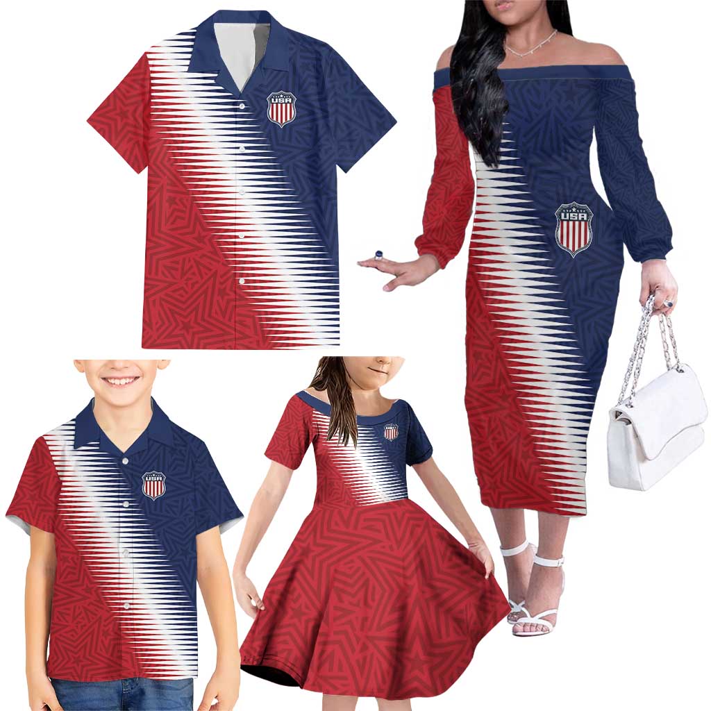 Custom USA Soccer Spirit Family Matching Off The Shoulder Long Sleeve Dress and Hawaiian Shirt Abstract Stars Style - Wonder Print Shop