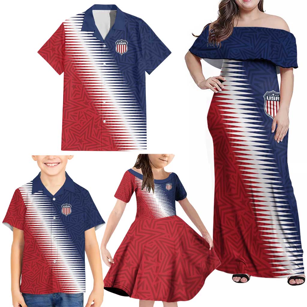 Custom USA Soccer Spirit Family Matching Off Shoulder Maxi Dress and Hawaiian Shirt Abstract Stars Style - Wonder Print Shop