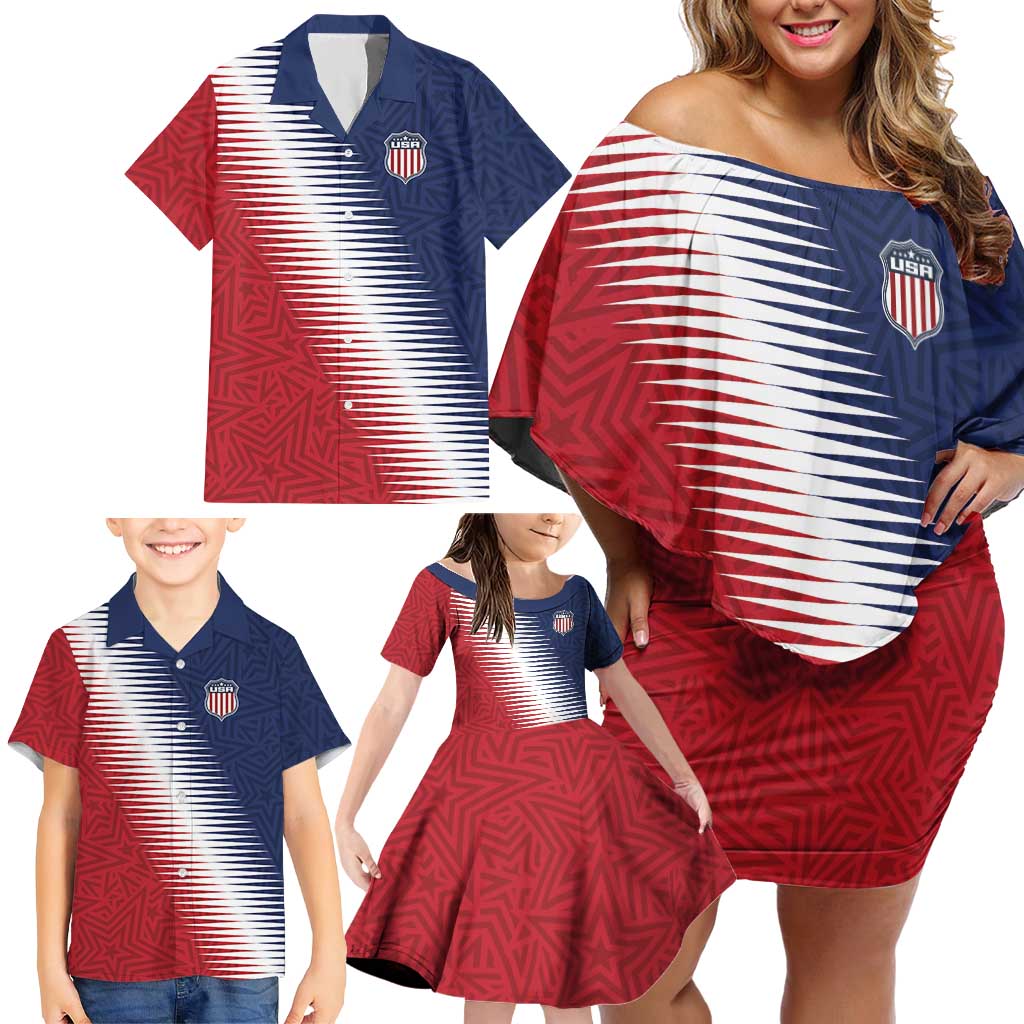 Custom USA Soccer Spirit Family Matching Off Shoulder Short Dress and Hawaiian Shirt Abstract Stars Style - Wonder Print Shop