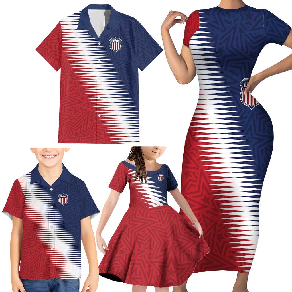 Custom USA Soccer Spirit Family Matching Short Sleeve Bodycon Dress and Hawaiian Shirt Abstract Stars Style - Wonder Print Shop