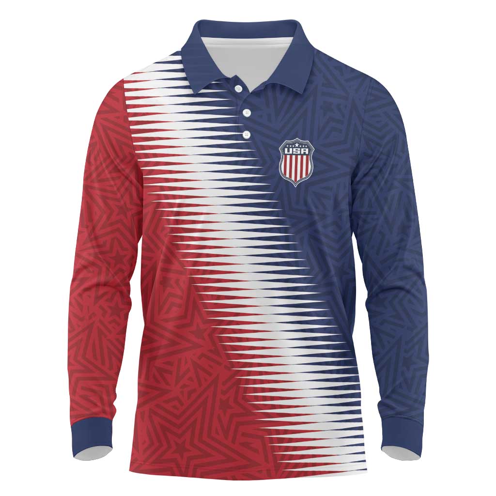 Custom USA Soccer Spirit Long Sleeve Polo Shirt Abstract Stars Style - Wonder Print Shop