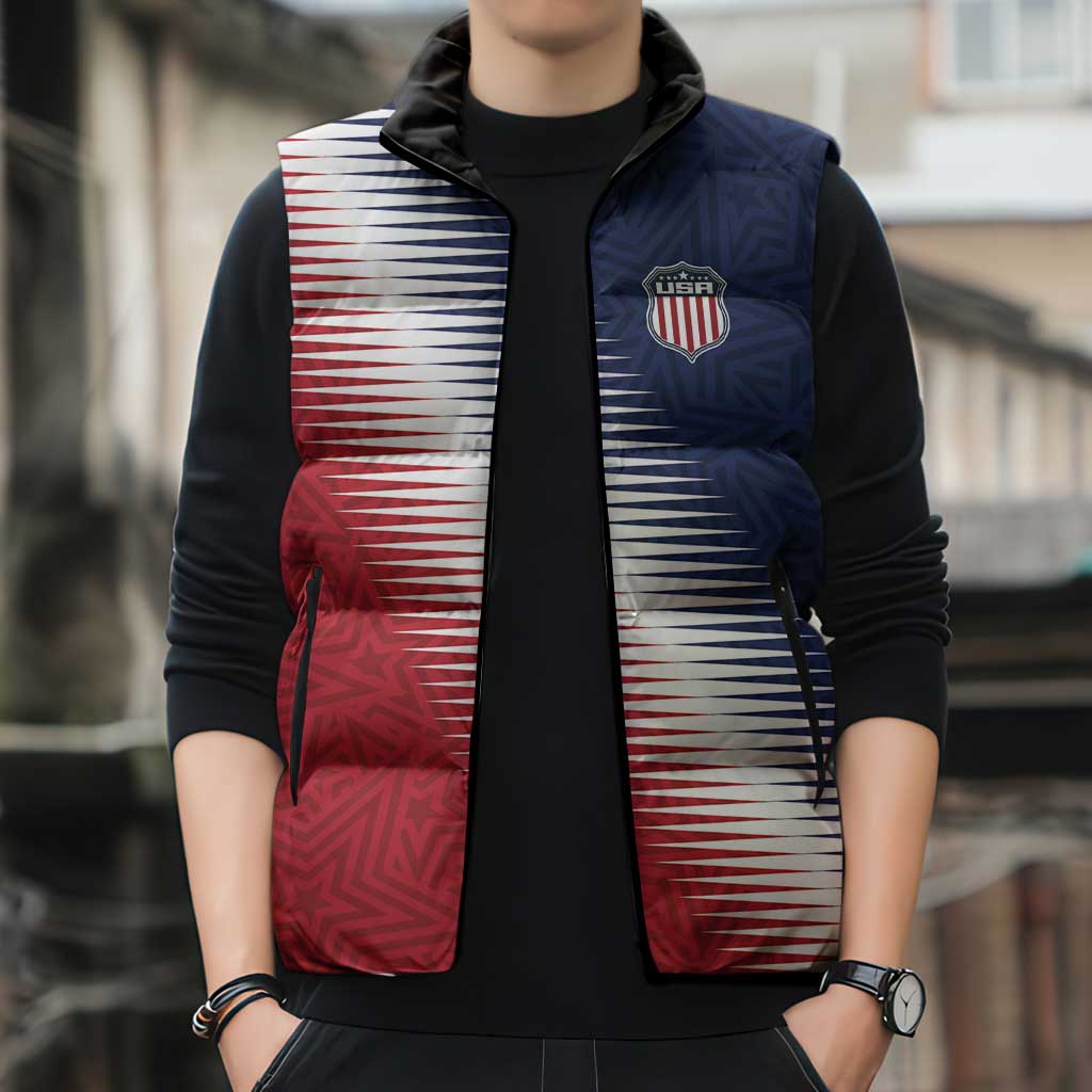 Custom USA Soccer Spirit Sleeveless Puffer Jacket Abstract Stars Style - Wonder Print Shop