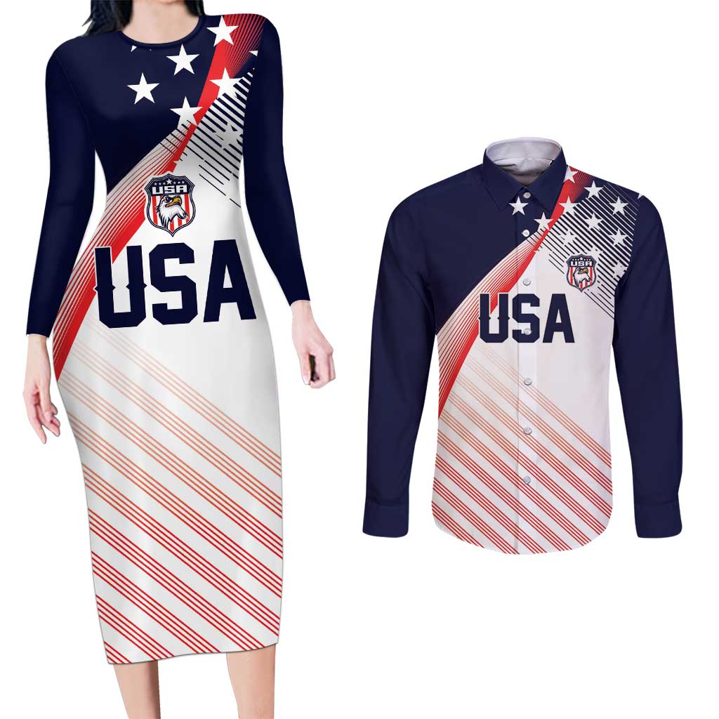 Custom USA Soccer Couples Matching Long Sleeve Bodycon Dress and Long Sleeve Button Shirt Play With Pride - Wonder Print Shop