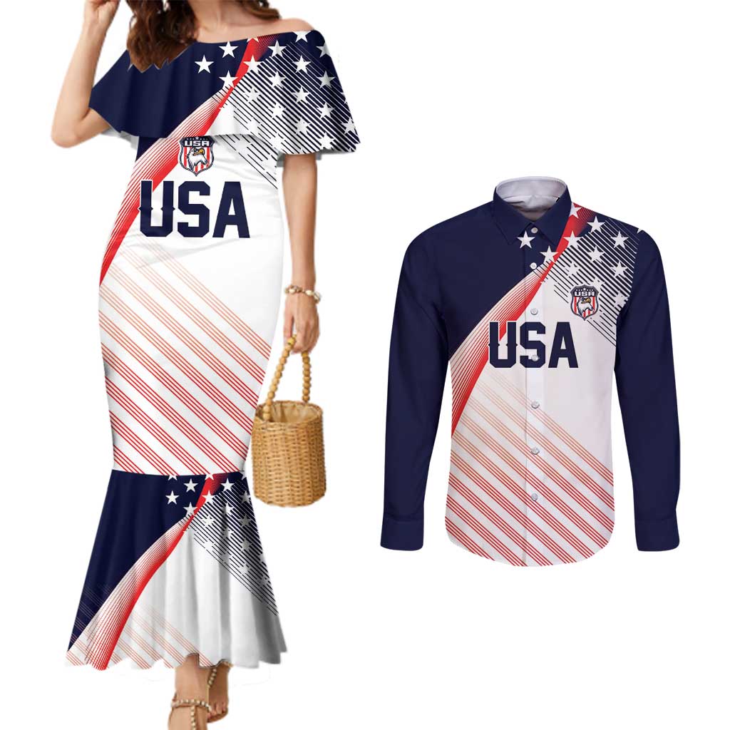 Custom USA Soccer Couples Matching Mermaid Dress and Long Sleeve Button Shirt Play With Pride - Wonder Print Shop