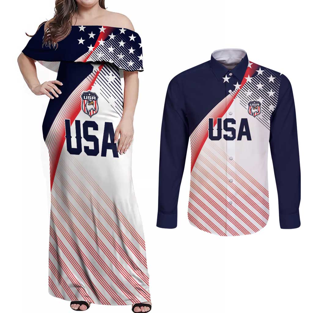 Custom USA Soccer Couples Matching Off Shoulder Maxi Dress and Long Sleeve Button Shirt Play With Pride - Wonder Print Shop