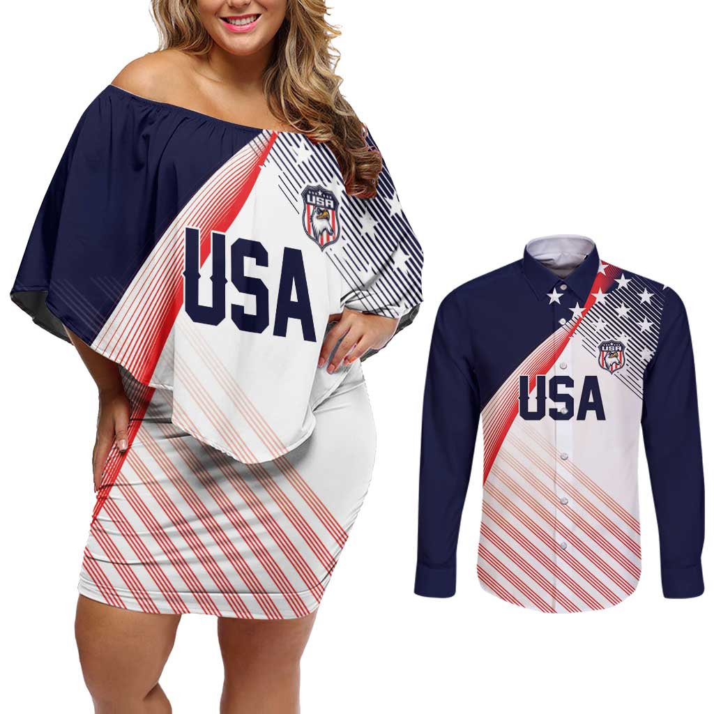 Custom USA Soccer Couples Matching Off Shoulder Short Dress and Long Sleeve Button Shirt Play With Pride - Wonder Print Shop