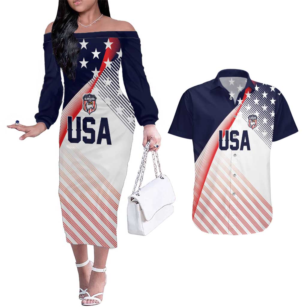 Custom USA Soccer Couples Matching Off The Shoulder Long Sleeve Dress and Hawaiian Shirt Play With Pride - Wonder Print Shop