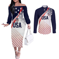 Custom USA Soccer Couples Matching Off The Shoulder Long Sleeve Dress and Long Sleeve Button Shirt Play With Pride - Wonder Print Shop