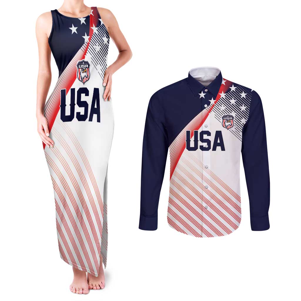 Custom USA Soccer Couples Matching Tank Maxi Dress and Long Sleeve Button Shirt Play With Pride - Wonder Print Shop