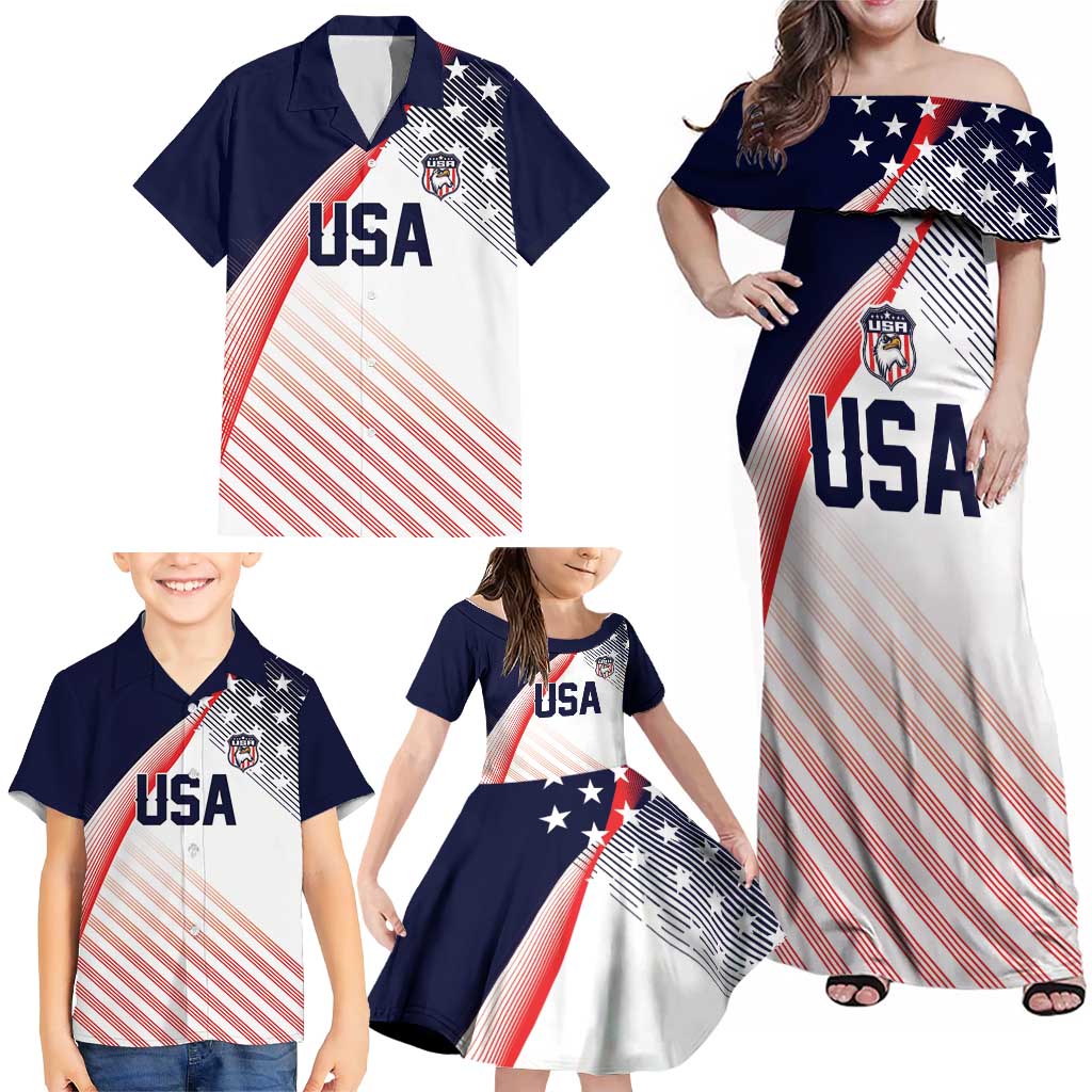 Custom USA Soccer Family Matching Off Shoulder Maxi Dress and Hawaiian Shirt Play With Pride - Wonder Print Shop