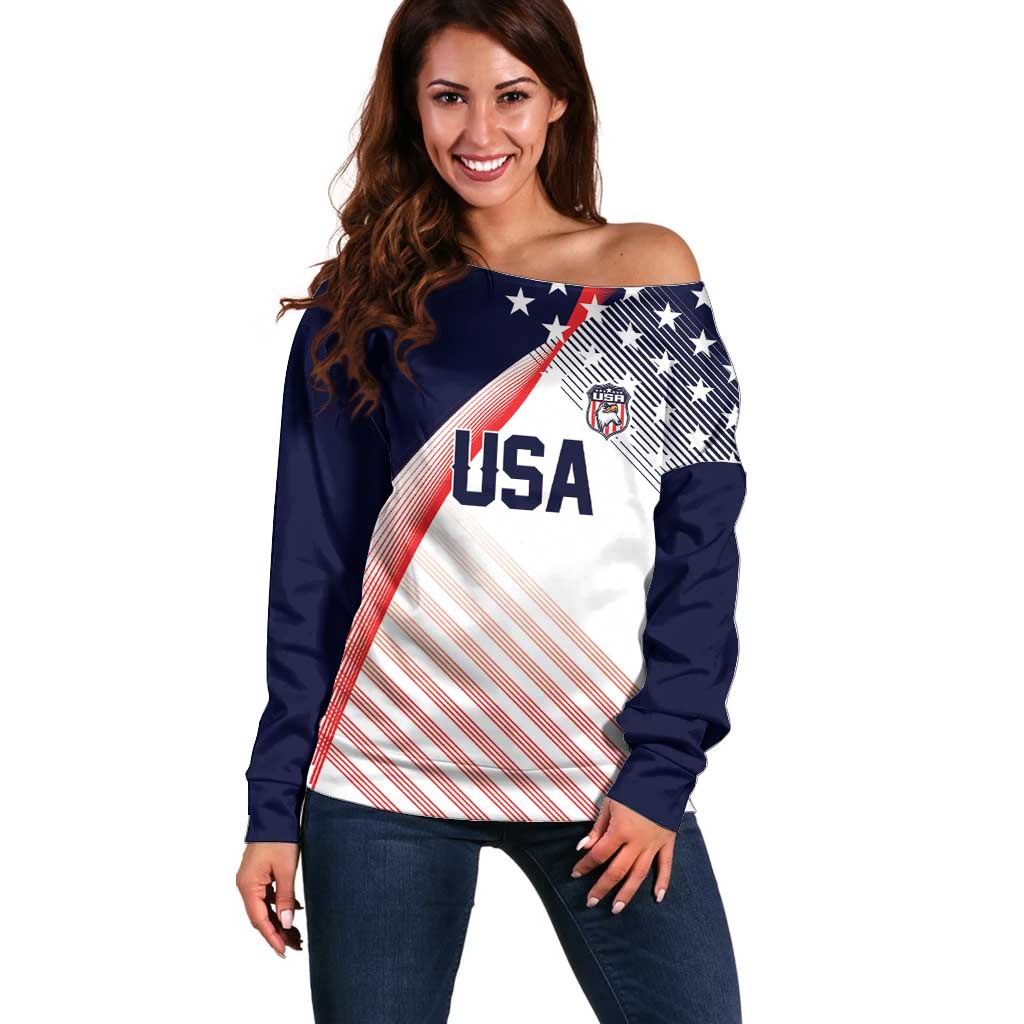 Custom USA Soccer Off Shoulder Sweater Play With Pride - Wonder Print Shop