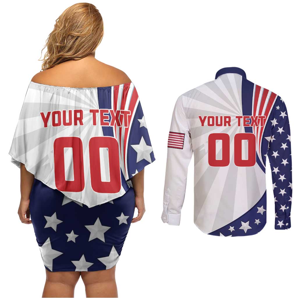 Custom United States Ice Hockey Couples Matching Off Shoulder Short Dress and Long Sleeve Button Shirt USA Go Champions
