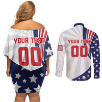 Custom United States Ice Hockey Couples Matching Off Shoulder Short Dress and Long Sleeve Button Shirt USA Go Champions