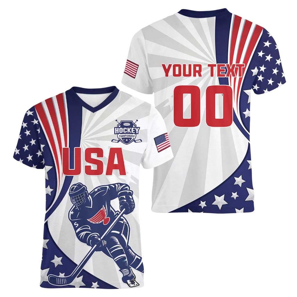 Custom United States Ice Hockey Women V-Neck T-Shirt USA Go Champions