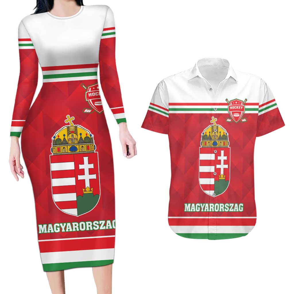 Custom Hungary Hockey Couples Matching Long Sleeve Bodycon Dress and Hawaiian Shirt Magyarorszag Sporty Style