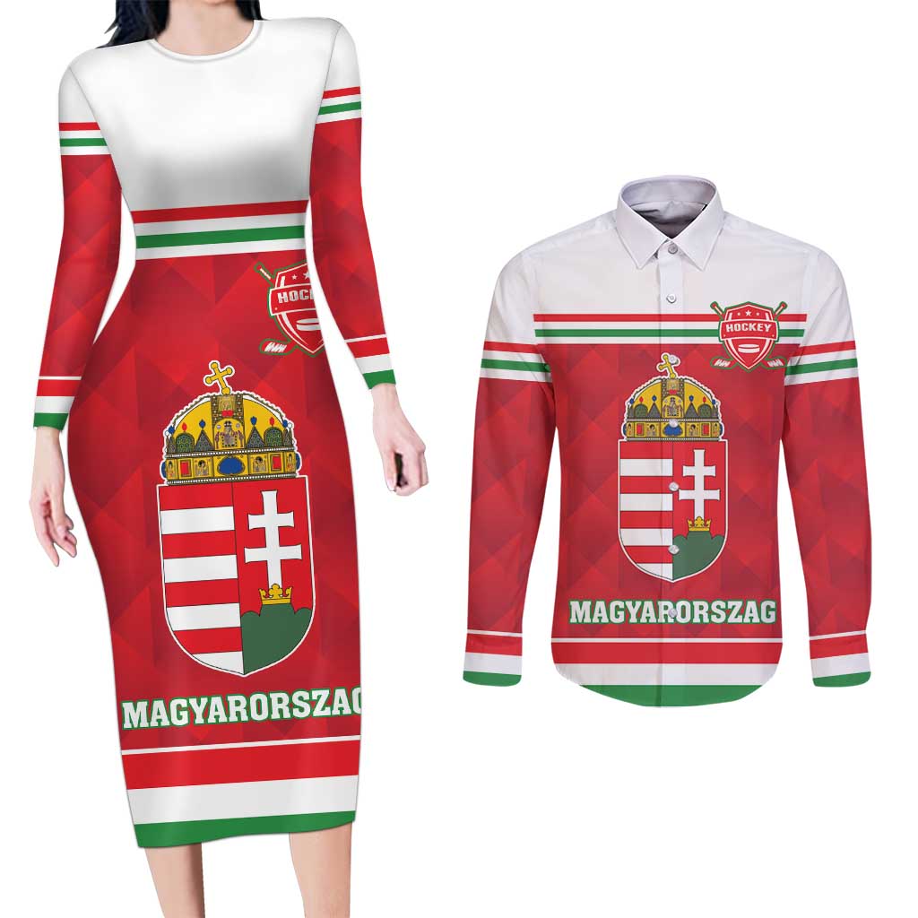 Custom Hungary Hockey Couples Matching Long Sleeve Bodycon Dress and Long Sleeve Button Shirt Magyarorszag Sporty Style