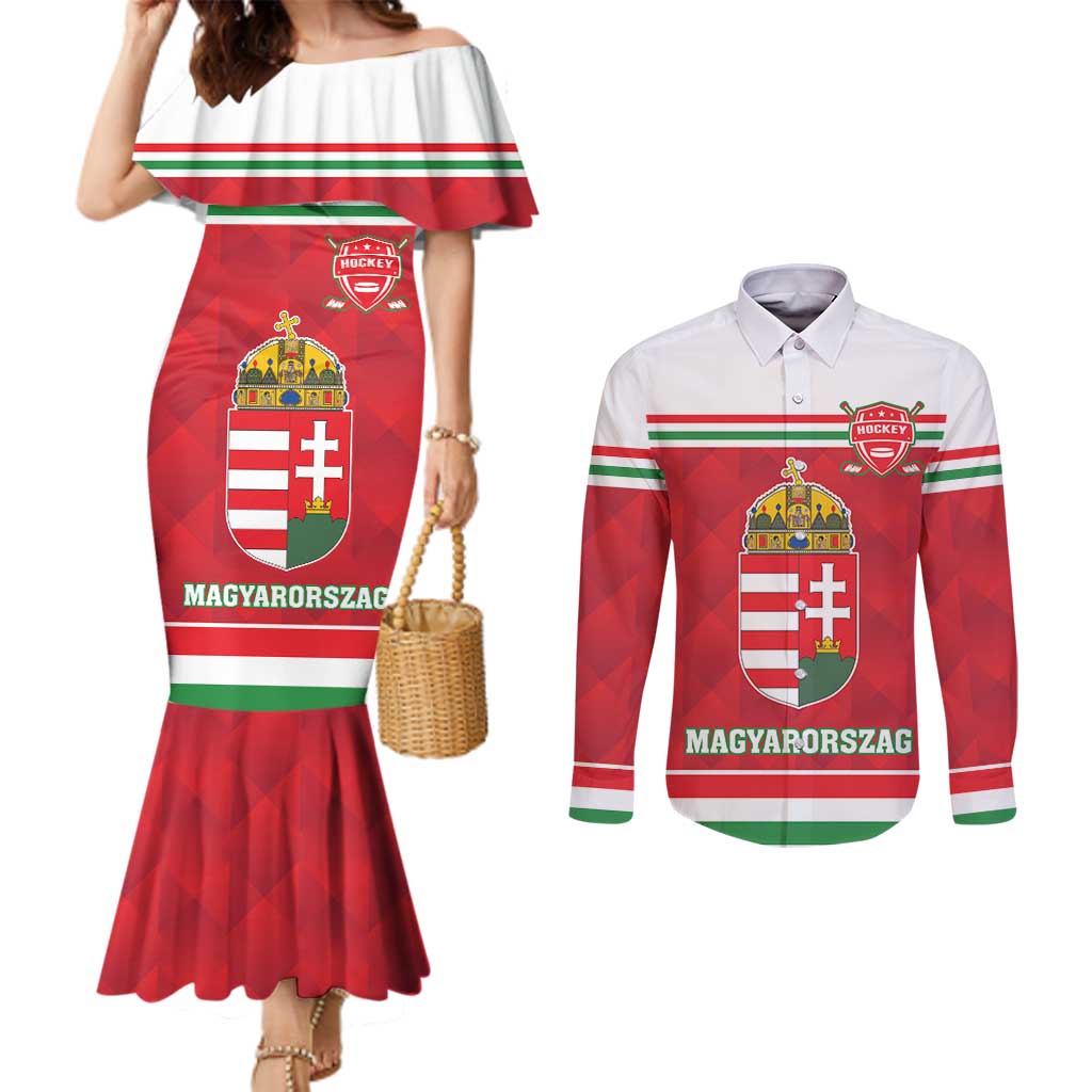 Custom Hungary Hockey Couples Matching Mermaid Dress and Long Sleeve Button Shirt Magyarorszag Sporty Style