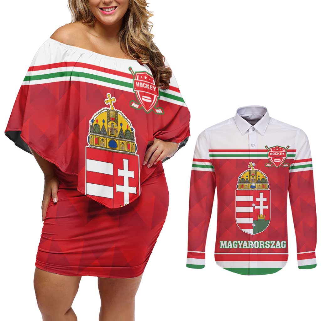 Custom Hungary Hockey Couples Matching Off Shoulder Short Dress and Long Sleeve Button Shirt Magyarorszag Sporty Style