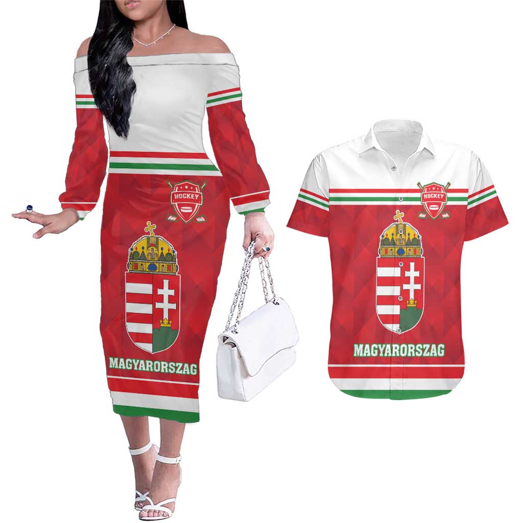 Custom Hungary Hockey Couples Matching Off The Shoulder Long Sleeve Dress and Hawaiian Shirt Magyarorszag Sporty Style