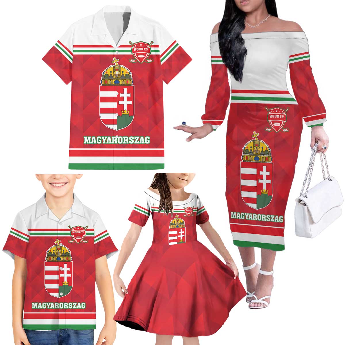 Custom Hungary Hockey Family Matching Off The Shoulder Long Sleeve Dress and Hawaiian Shirt Magyarorszag Sporty Style