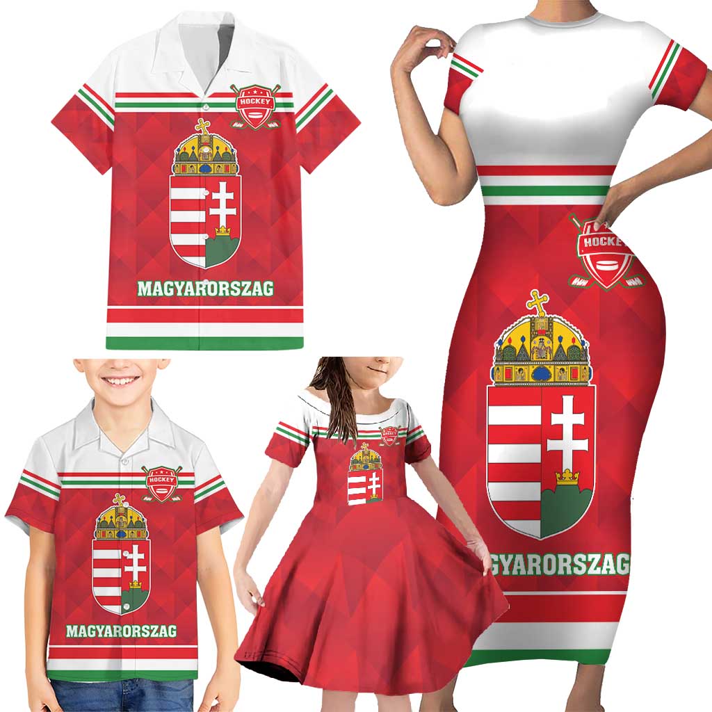 Custom Hungary Hockey Family Matching Short Sleeve Bodycon Dress and Hawaiian Shirt Magyarorszag Sporty Style