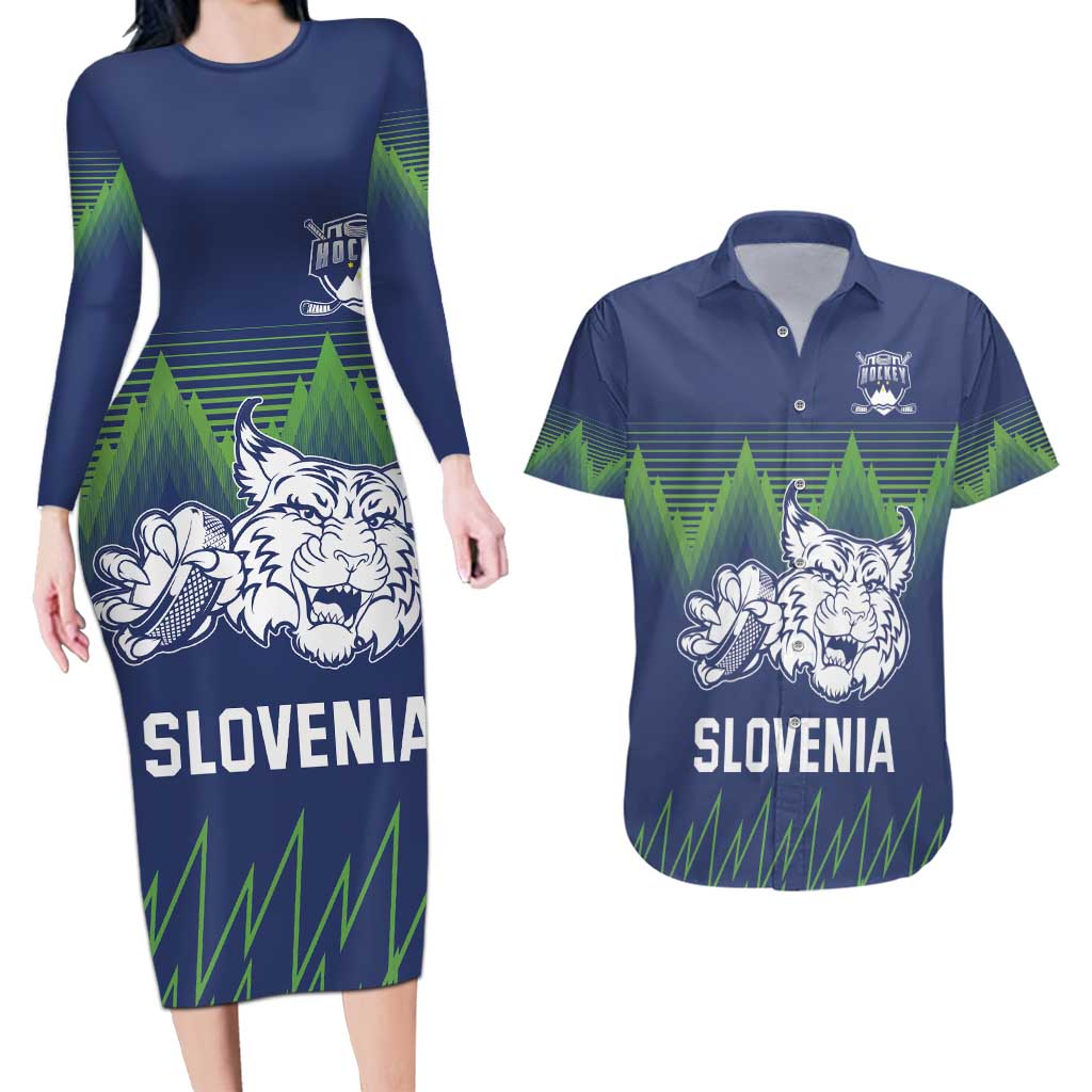 Custom Slovenia Hockey Couples Matching Long Sleeve Bodycon Dress and Hawaiian Shirt Slovenija Lynx Mascot
