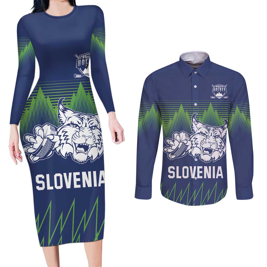 Custom Slovenia Hockey Couples Matching Long Sleeve Bodycon Dress and Long Sleeve Button Shirt Slovenija Lynx Mascot
