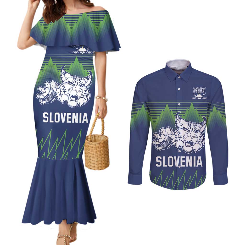 Custom Slovenia Hockey Couples Matching Mermaid Dress and Long Sleeve Button Shirt Slovenija Lynx Mascot