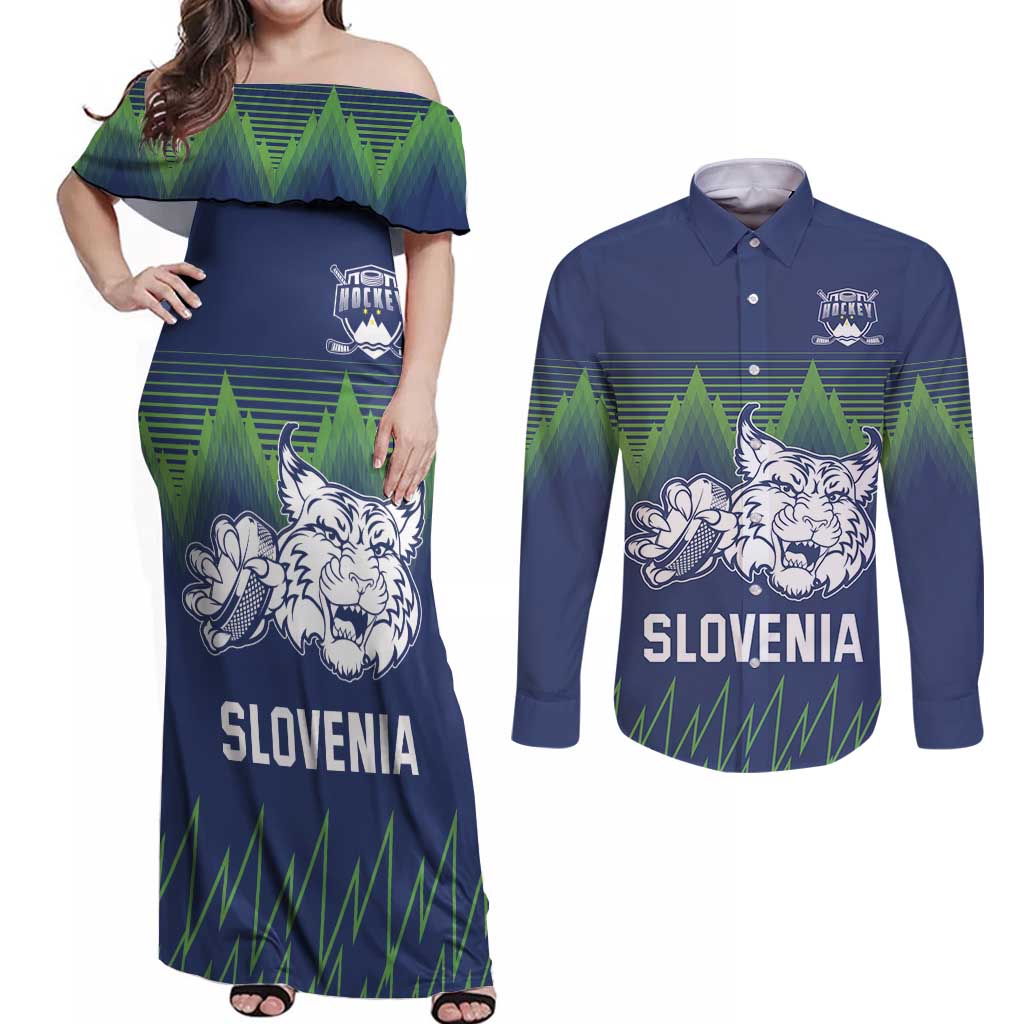 Custom Slovenia Hockey Couples Matching Off Shoulder Maxi Dress and Long Sleeve Button Shirt Slovenija Lynx Mascot