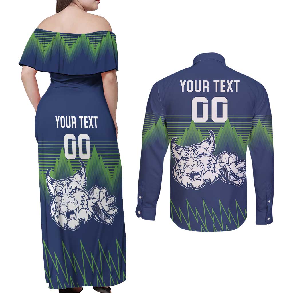 Custom Slovenia Hockey Couples Matching Off Shoulder Maxi Dress and Long Sleeve Button Shirt Slovenija Lynx Mascot