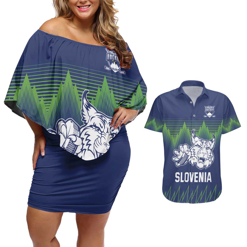 Custom Slovenia Hockey Couples Matching Off Shoulder Short Dress and Hawaiian Shirt Slovenija Lynx Mascot