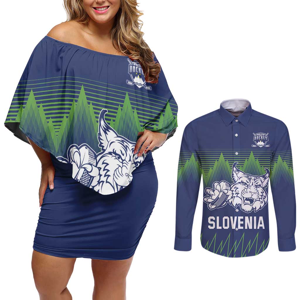 Custom Slovenia Hockey Couples Matching Off Shoulder Short Dress and Long Sleeve Button Shirt Slovenija Lynx Mascot