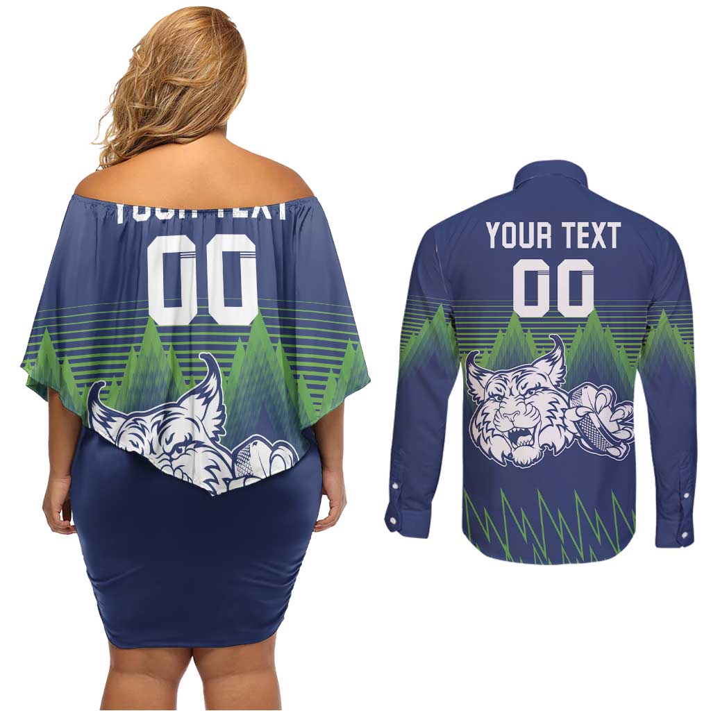 Custom Slovenia Hockey Couples Matching Off Shoulder Short Dress and Long Sleeve Button Shirt Slovenija Lynx Mascot