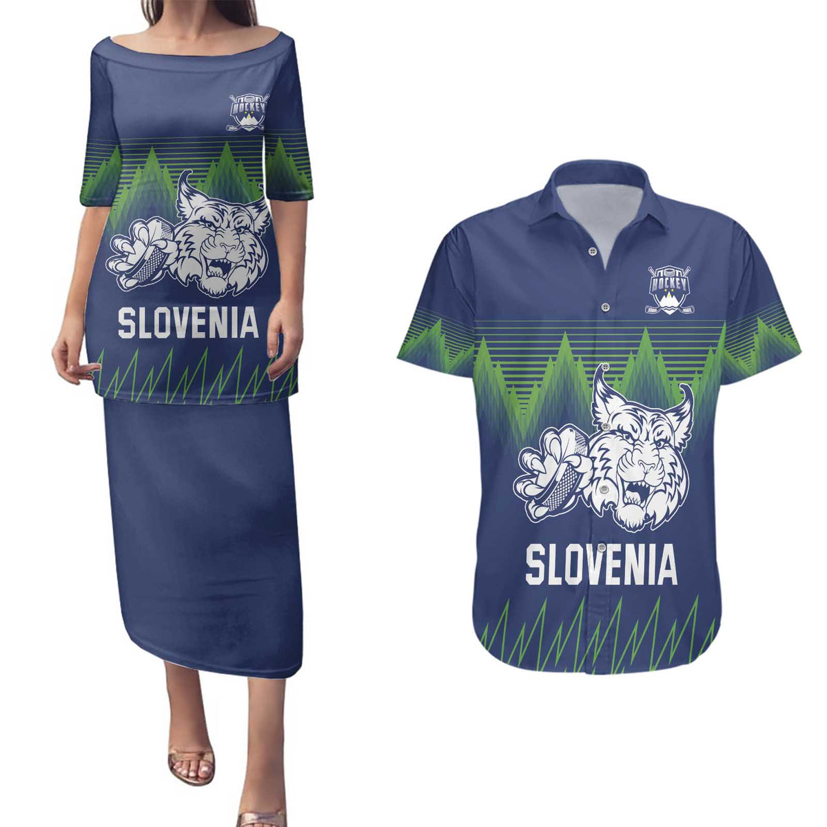 Custom Slovenia Hockey Couples Matching Puletasi and Hawaiian Shirt Slovenija Lynx Mascot