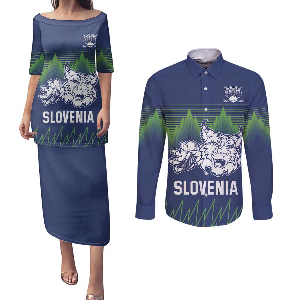 Custom Slovenia Hockey Couples Matching Puletasi and Long Sleeve Button Shirt Slovenija Lynx Mascot