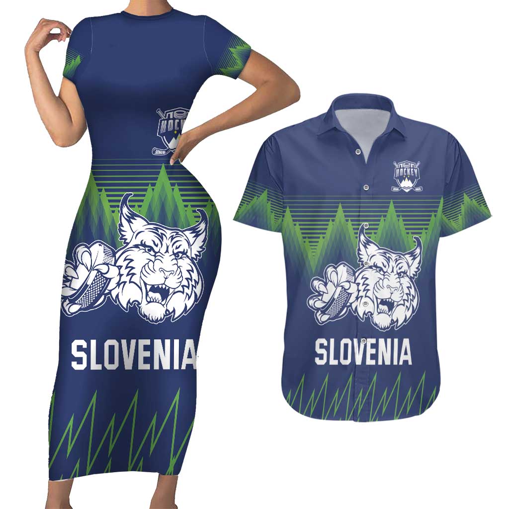 Custom Slovenia Hockey Couples Matching Short Sleeve Bodycon Dress and Hawaiian Shirt Slovenija Lynx Mascot