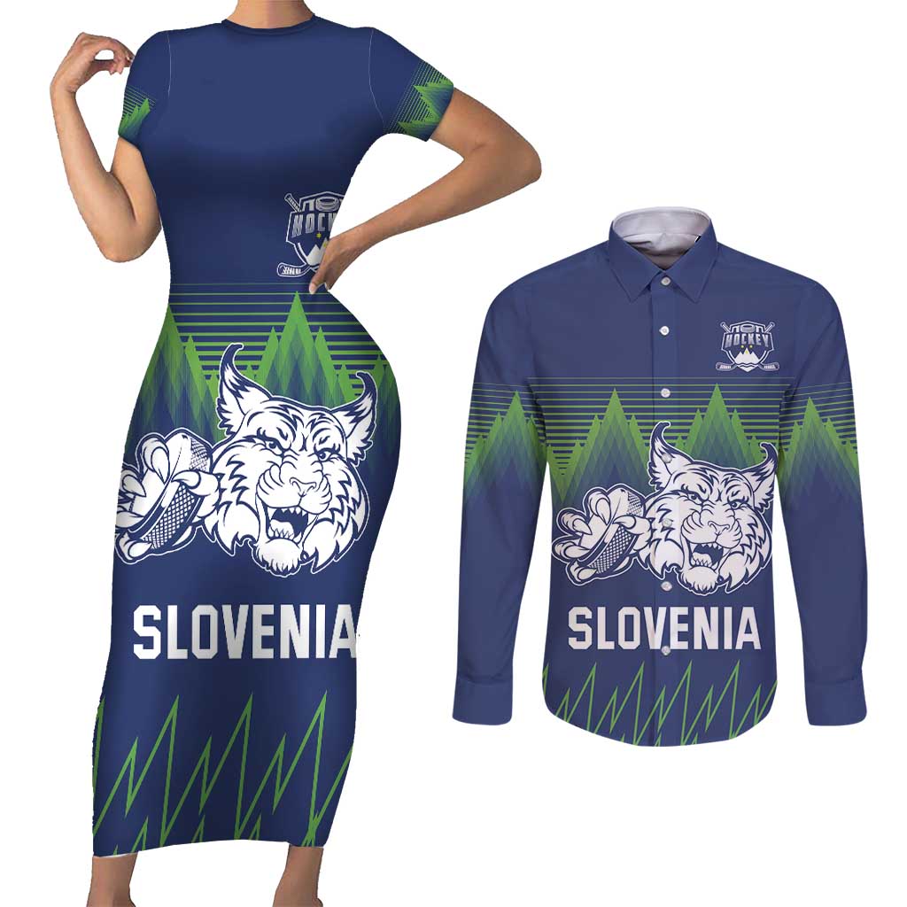 Custom Slovenia Hockey Couples Matching Short Sleeve Bodycon Dress and Long Sleeve Button Shirt Slovenija Lynx Mascot