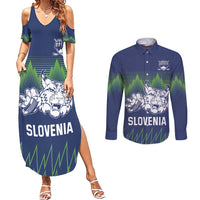 Custom Slovenia Hockey Couples Matching Summer Maxi Dress and Long Sleeve Button Shirt Slovenija Lynx Mascot