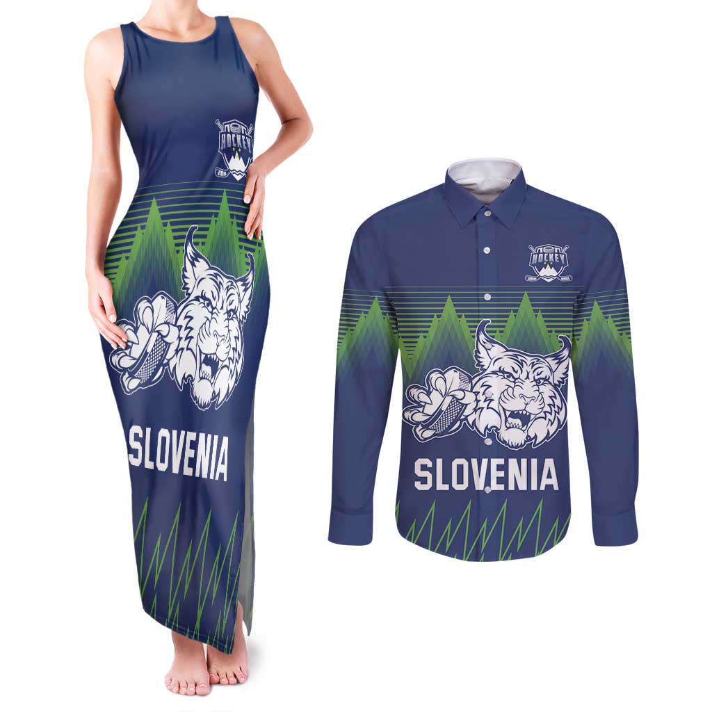 Custom Slovenia Hockey Couples Matching Tank Maxi Dress and Long Sleeve Button Shirt Slovenija Lynx Mascot
